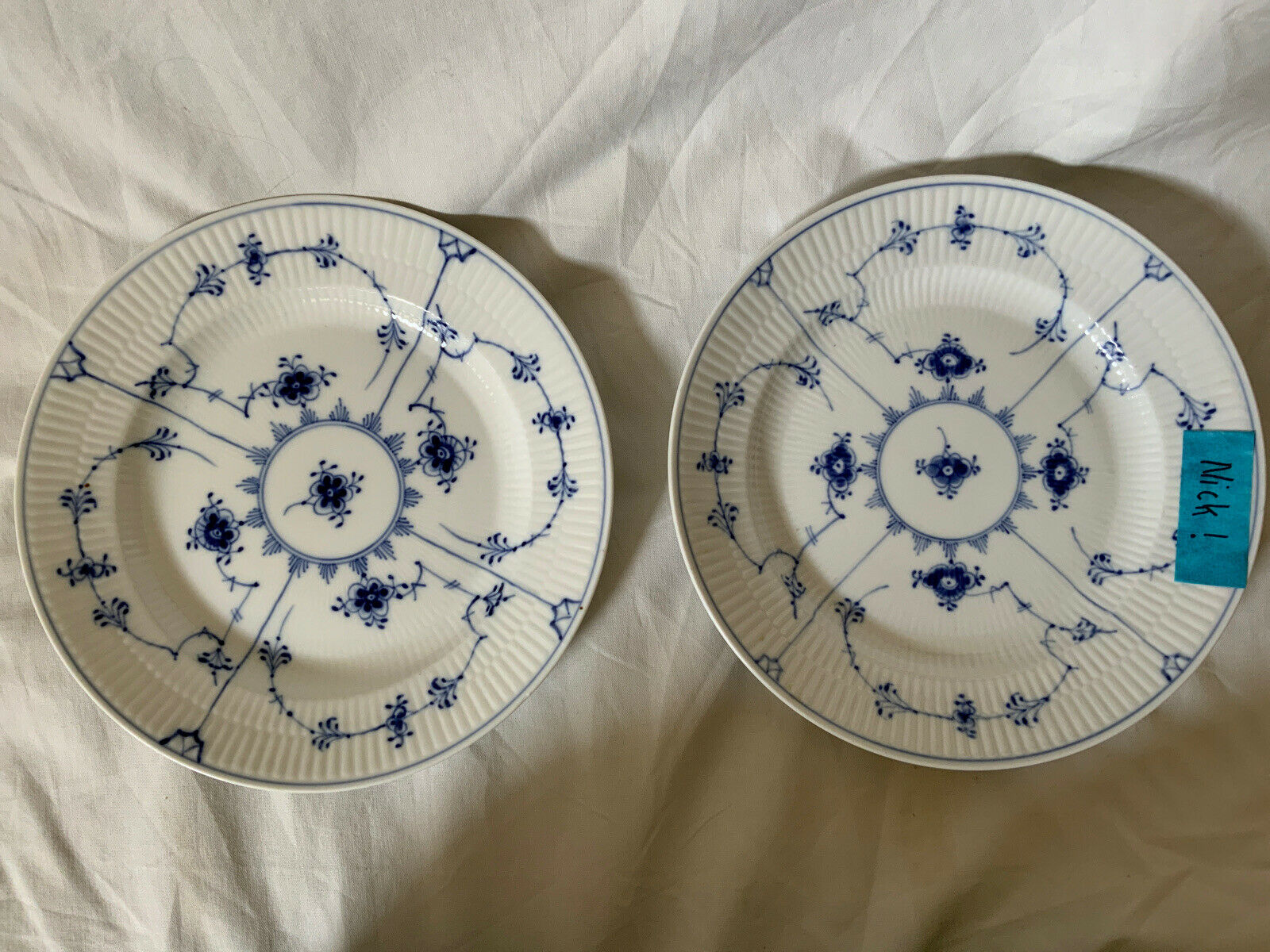Two Royal Copenhagen 9 3/8” Luncheon Plate Blue Fluted Plain 1/176 2nds Flaw