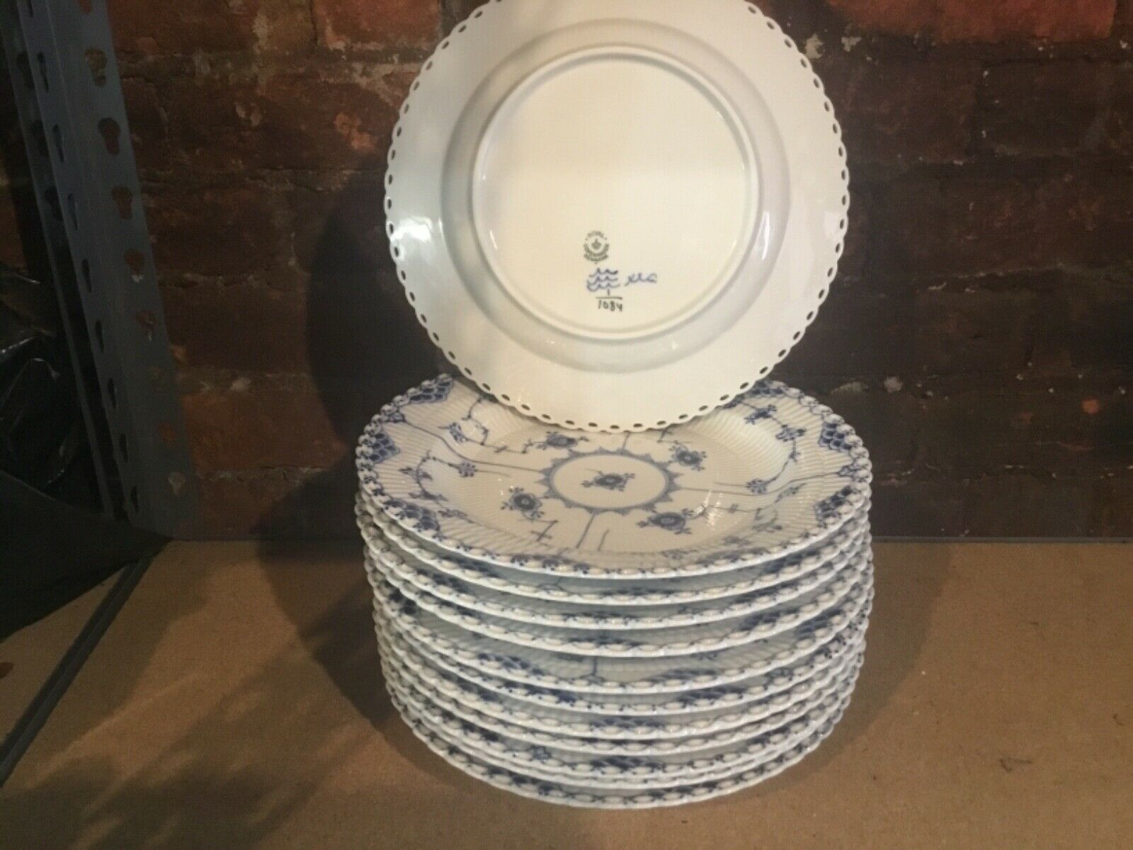 12 Royal Copenhagen #1084 10” Blue Fluted Full Lace Large Dinner Plate