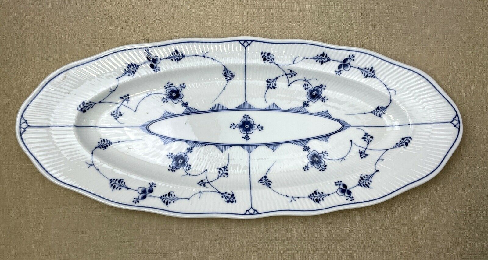 Antique Royal Copenhagen Blue Fluted Fish Platter #105 23-3/4" As-is Repaired